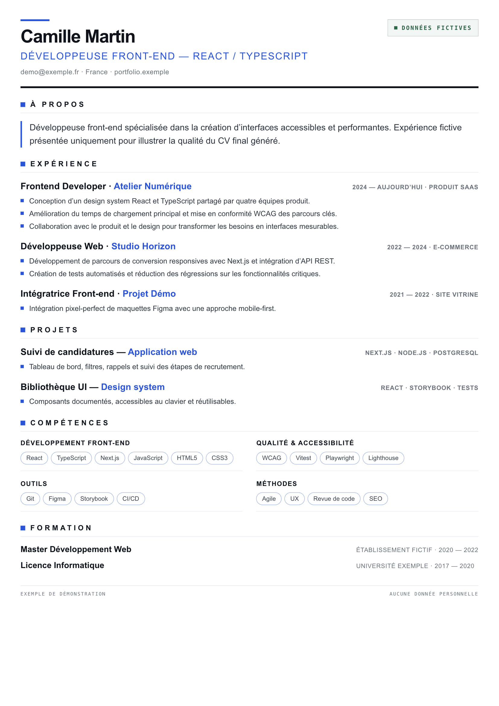 Exemple fictif d'un CV optimisé généré par CV Optimizer